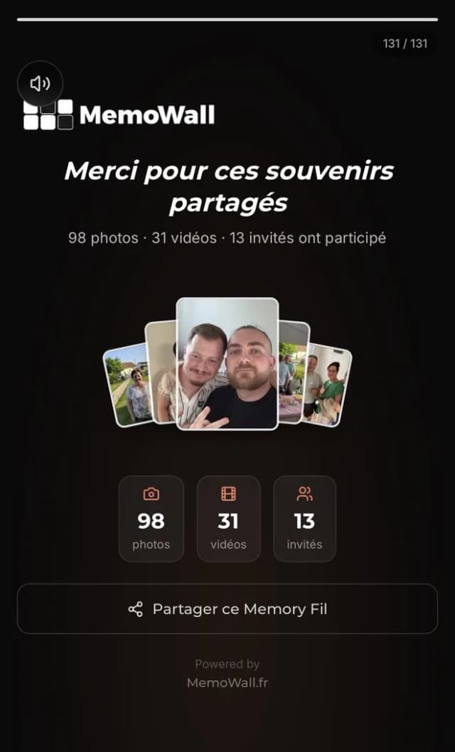 Le Memory Fil : page de fin avec le nombre de photos, vidéos et invités, et bouton de partage.
